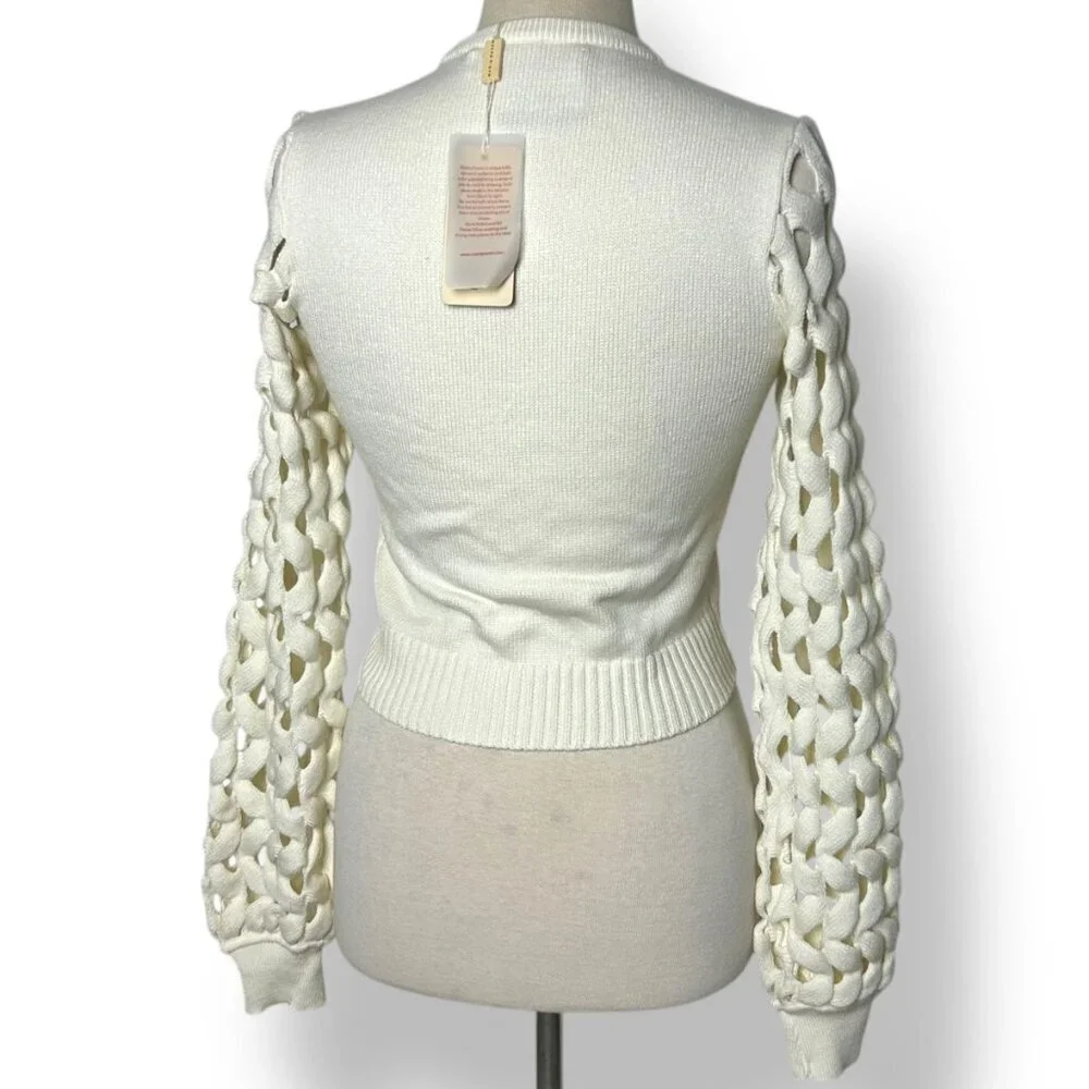 NWT Crochet Sleeve Off White Cream Knit Top Sz XS